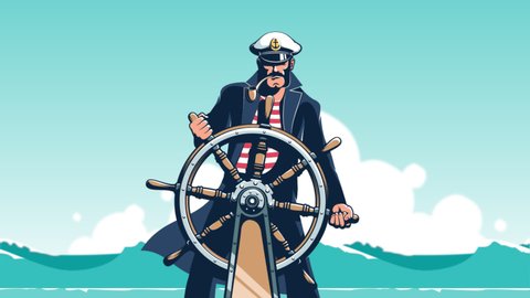Sea Captain at the helm with blue ocean waves. Captain seaman with ship wheel. Cartoon loop animation with alpha channel.