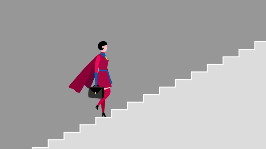 Cartoon businesswoman going up the stairs turns into a super hero character. Business metaphor of progress, success, career advancement, climbing up career ladder or stairs. Seamless loop.