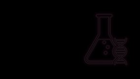 Glowing neon line DNA research, search icon isolated on black background. Genetic engineering, genetics testing, cloning, paternity testing. 4K Video motion graphic animation.
