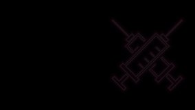 Glowing neon line Crossed syringe icon isolated on black background. Syringe for vaccine, vaccination, injection, flu shot. Medical equipment. 4K Video motion graphic animation.