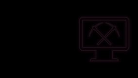Glowing neon line Mining concept with monitor and pickaxe icon isolated on black background. Blockchain technology, cryptocurrency mining, digital money market. 4K Video motion graphic animation.
