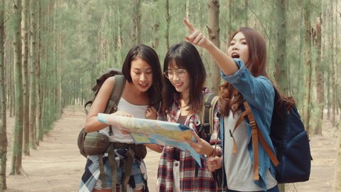 Asian hiker women trekking in forest. Young happy backpack girls walking enjoy her journey, travel nature and adventure trip, climb mountain lot of tree in fall holidays vacation concept.