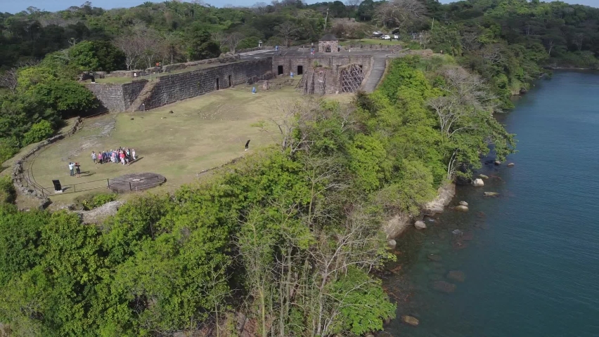Rotating aerial of prominent Fort San Lorenzo ruin in Colon, Panama