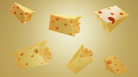 Falling pieces of Swiss, Dutch or Italian hard cheese. Triangular lump block of cheese Cheddar with holes. Advertising and promotion of natural farm dairy product, 3d animation seamless background