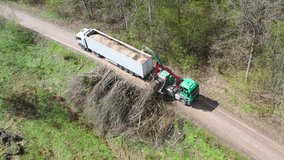 Aerial shot of wood chipper blowing shredded wood into back of a truck. Forest background