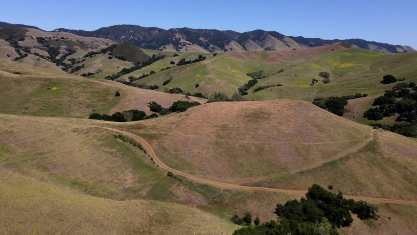 Flying over rolling grass hills outside San Luis Obispo, California.