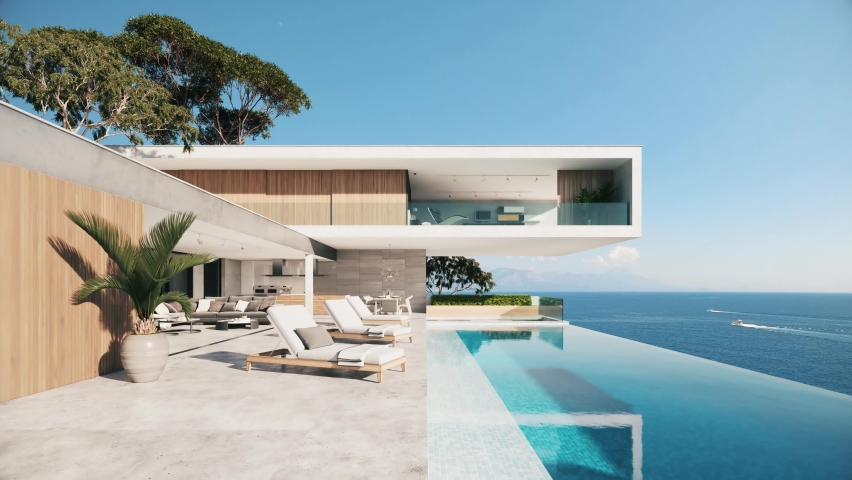 Contemporary house with pool. Pool deck at private villa. 3d visualization Royalty-Free Stock Footage #1073801384