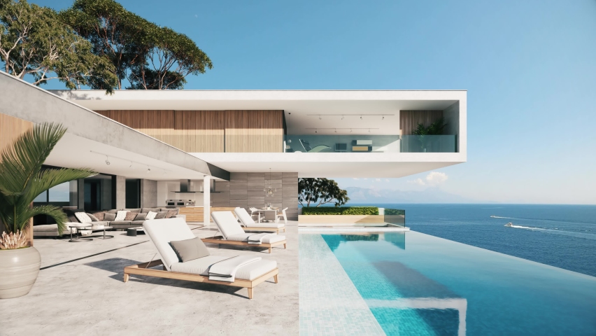 Contemporary house with pool. Pool deck at private villa. 3d visualization | Shutterstock HD Video #1073801384