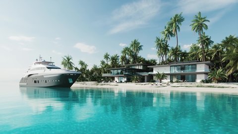 Luxurious villa with palm trees and yacht. Private house on the island. Luxury yacht on the island background with villa. 3d visualization