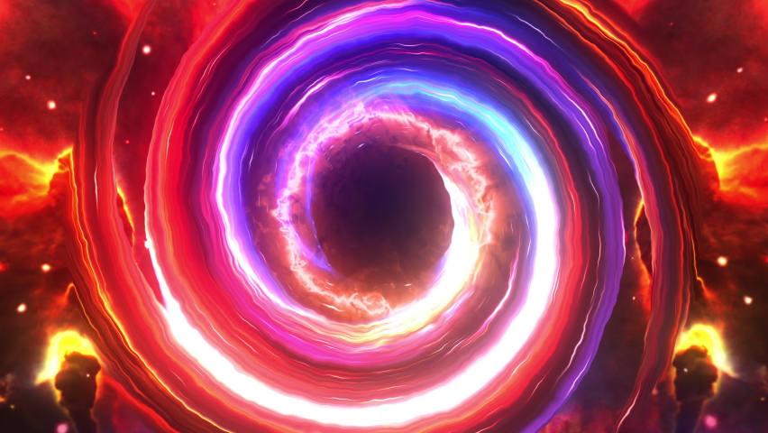 Abstract 4K 3D CGI colorful glow black hole with nebula gas cloud in space. Loop space flight towards mysterious blackhole or wormhole twisting animation with rainbow light spinning in the universe. Royalty-Free Stock Footage #1073809202