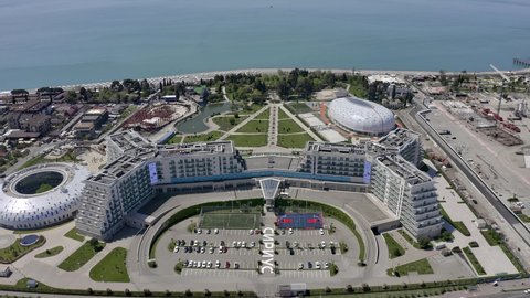 Sochi, Russia - 01 june 2021. Aerial view of the Sochi Amusement park and Sirius Children's Education Camp. Sirius Educational Center in Sochi