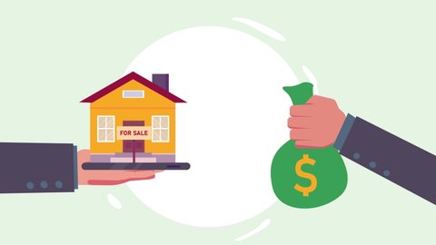 Hand animation giving money and getting a new house from seller hands. Cartoon in 4k resolution