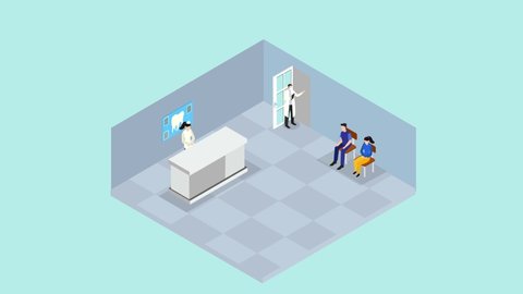 Two people animation queuing in the dental clinic while sitting in the waiting room. Cartoon in 4k resolution