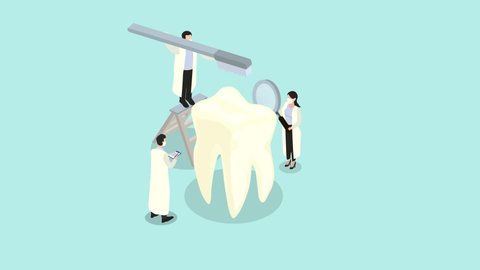 Group animation of dentists doing treatment tooth while using a toothbrush and magnifier. Cartoon in 4k resolution