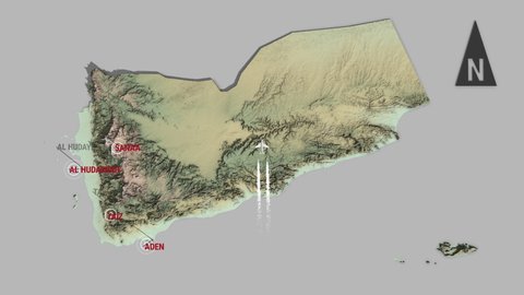 Seamless looping animation of the 3d terrain map of Yemen with the capital and the biggest cites in 4K resolution