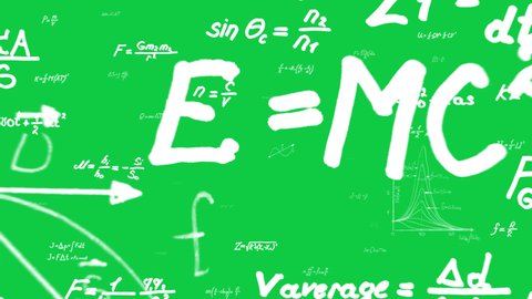 Math and physics formulas. Seamless loop with chroma key, 16 bit depth. Camera flies through handwritten mathematics equations and geometric shapes.
