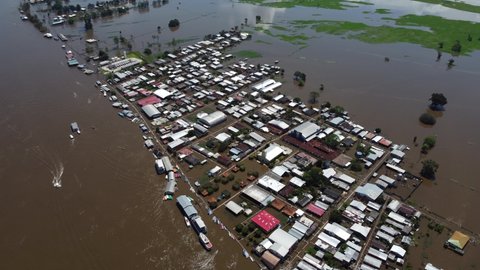 Aerial view of a severe flood in Careiro da Varzea, near the city of Manaus, Amazonas state, during the rise of Negro River waters due to heavy rains and La Nina phenomenon in Brazil.