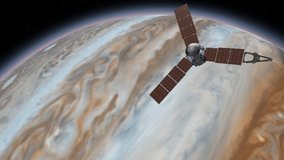 Juno is a NASA space probe orbiting the planet Jupiter. Jupiter Planet Rotating in the outer space. Traveling to planet Jupiter in space. Elements of this video furnished by NASA.