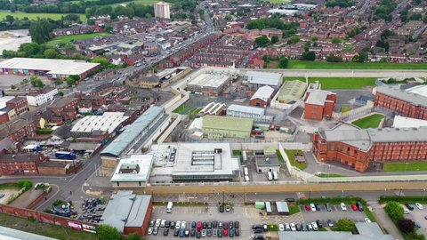 Wakefield UK, 6th June 2021: Aerial footage of the town centre of Wakefield in West Yorkshire in the UK showing the main building and walls of Her Majesty's Prison