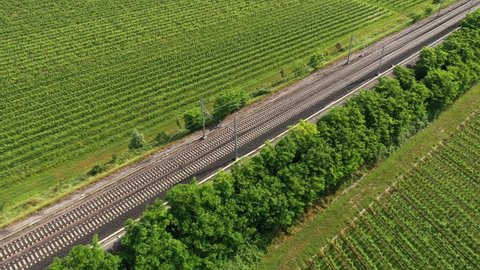 High-speed train of red color moving diagonally aerial view. Train movement between vineyards top view.