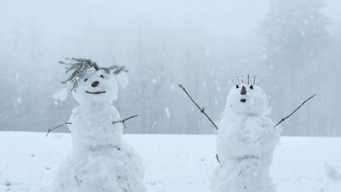 Snowman couple in a snowy field.Winter symbol. Winter season