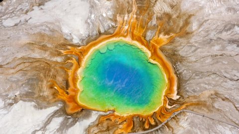 Aerial 4K footage of Grand Prismatic Spring in Yellowstone National Park, Wyoming, USA.