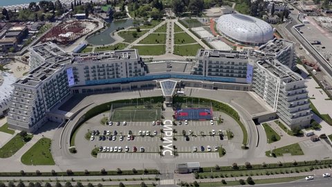 Sochi, Russia - 01 june 2021. Aerial view of the Sochi Amusement park and Sirius Children's Education Camp. Sirius Educational Center in Sochi
