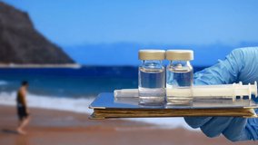covid-19 and travel concept. Passports and  covid-19 vaccine bottles on sea beach background. Epidemic coronavirus concept. Customs control. Bio hazard - Powered by Shutterstock - Get 15% off with code: PIKWIZARD15
