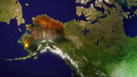 Forest fire overlay on Alaska world map - 3d graphic animation - based on public domain NASA image data