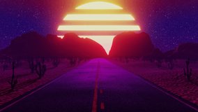 Seamless endless road through the desert with retro futuristic sky and sun. 3D render loop animation of mountains, cyberpunk, game render 80s 90s vintage old style - Powered by Shutterstock - Get 15% off with code: PIKWIZARD15