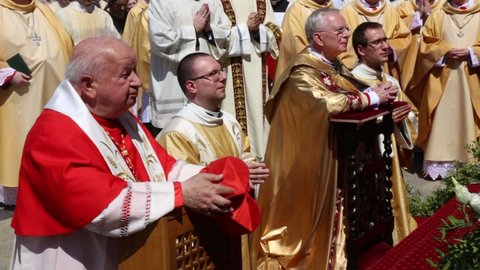 Cracow, Malopolska, Poland - 06.03.2021: Cardinal Stanislaw 
Dziwisz (L), ex-archbishop of Cracow and a long-time secretary
of Pope John Paul II and Marek Jedraszewski (3L), present archbishop of Crac