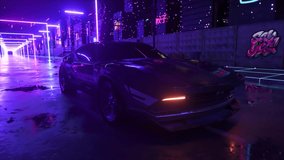 Car and city in neon style. 80s retro background 3d animation. Retro futuristic car drive through neon city.