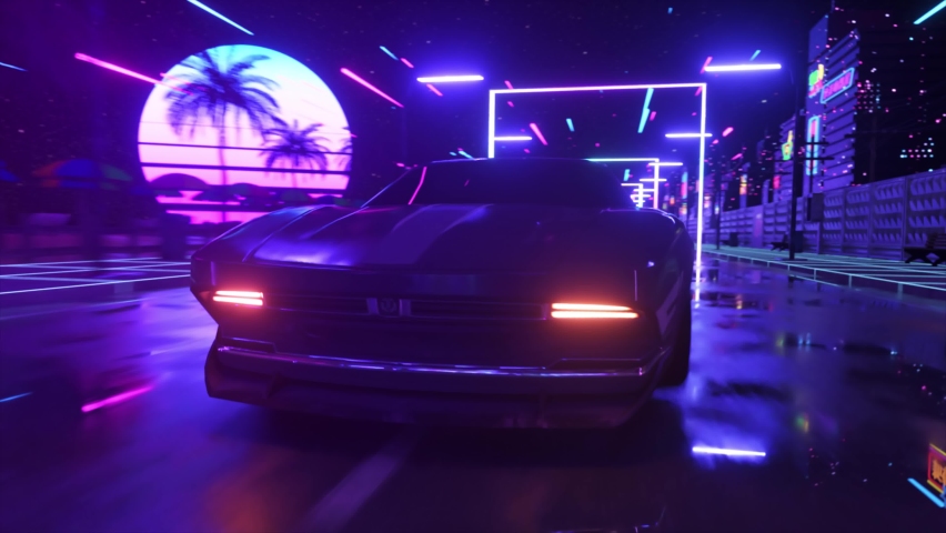 Car and city in neon style. 80s retro background 3d animation. Retro futuristic car drive through neon city. | Shutterstock HD Video #1073887664