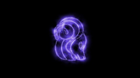 The Aries zodiac symbol animation, horoscope sign lighting effect purple neon glow. Royalty high-quality free stock of Aries isolated on black background. Horoscope, astrology icons motion