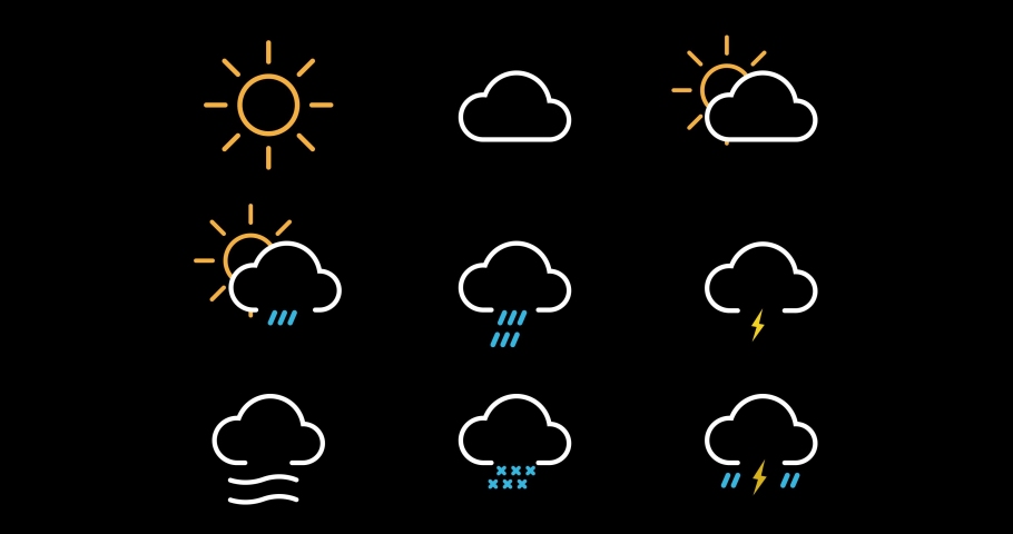 Weather pictograms animation. Forecast footage in 4k 60 fps. Weather symbols collection. Isolated forecast icons in animation. Editable background. Sun with clouds. Rain and snow sign. Lighting storm Royalty-Free Stock Footage #1073892377