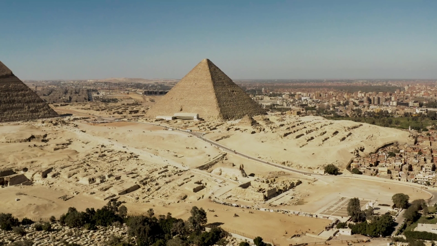 Aerial view of Khufu and Khafre pyramids and Sphinx, Giza Pyramids Egypt Royalty-Free Stock Footage #1073894705