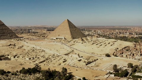 Aerial view of Khufu and Khafre pyramids and Sphinx, Giza Pyramids Egypt