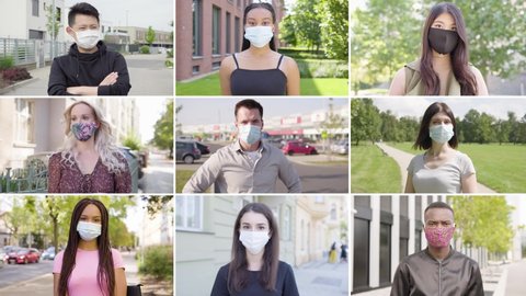 Compilation - group of nine multicultural people with face mask looks at the camera