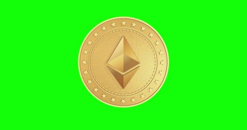 Ethereum ETH cryptocurrency isolated gold coin on green screen loopable background. Rotating golden metal looping abstract concept. 3D loop seamless animation.