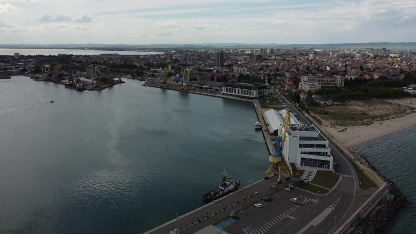 Aerial view of city of Burgas, View of Burgas Bay and the seaport of Burgas, Bulgaria.
