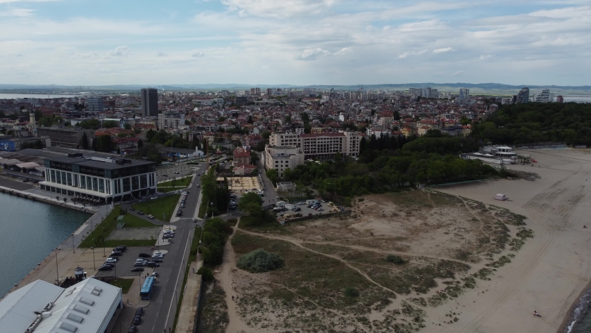 Aerial view of city of Burgas, View of Burgas Bay and the seaport of Burgas, Bulgaria.