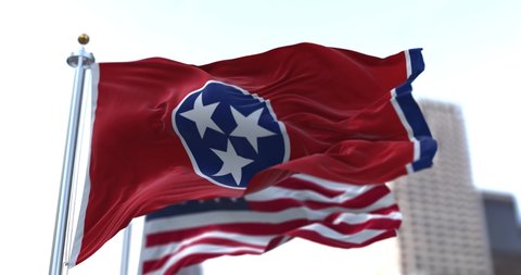 The flags of the Tennessee state and United States of America waving in the wind. Democracy and independence. American state. Seamless 3D animation