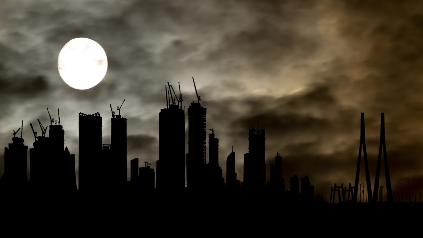 Mumbai By Night with Dark Atmosphere, Fog, Smoke, Full Moon and Skyline of City