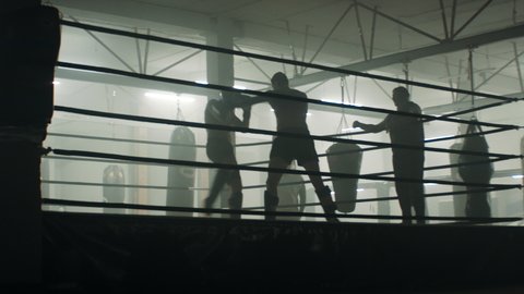 HANDHELD WIDE Two male fighters having kickboxing MMA sparring on a boxing ring. Trainers cheering. Shot with 2x anamorphic lens