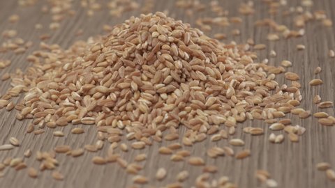 Wheat spelt grain rotating on wooden background.
Organic agriculture vegan vegetarian ingredient