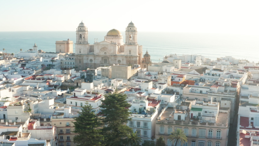 Aerial - Cadiz Cathedral in Cadiz, Andalusia, Spain, rising wide shot overhead