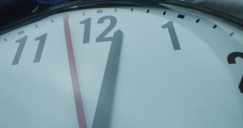 Wall Clock, Ticking Clock, Red Seconds Hand slowly Approaches 12. Movement, Medium Close Up Pan Right to Left, Slow Motion