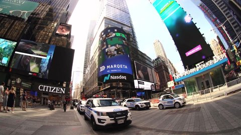 New York NY USA-June 9, 2021 The Nasdaq stock exchange is decorated for the initial public offering of Marqeta in Times Square in New York