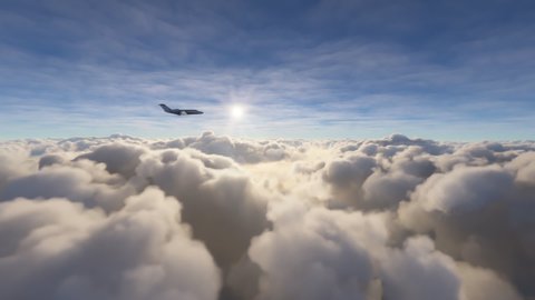 Side view of a private airplane flying over clouds: Aerial view of a small jet plane during a flight over the clouds