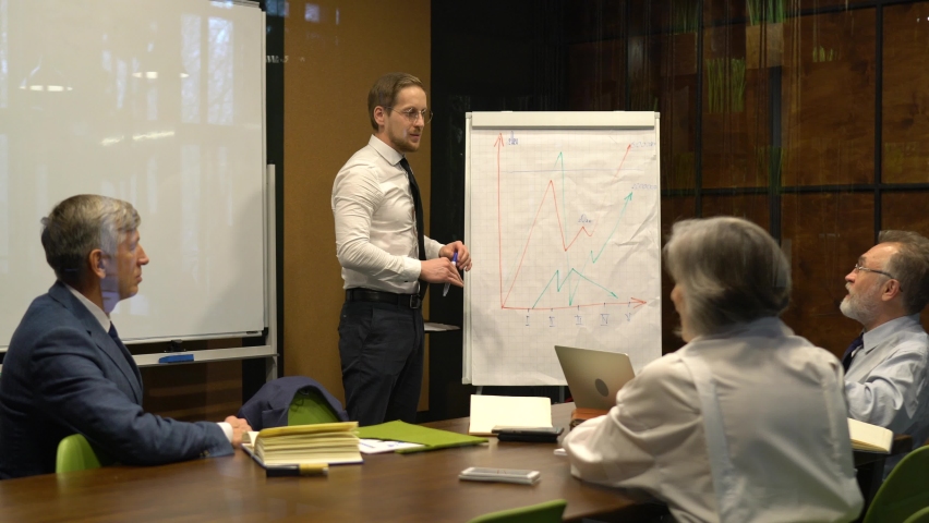 Professional economist talking near flipchart explaining information for business project, successful business people collaborating together discussing mentoring during seminar presentation in company Royalty-Free Stock Footage #1073931488